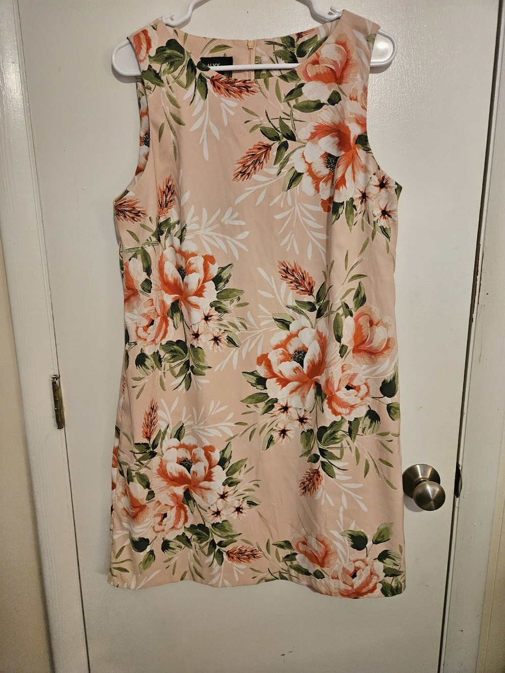 Alyx Peach Floral Sleeveless Midi Dress with Green Leaves